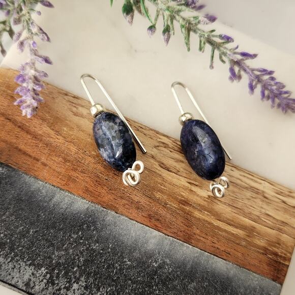 Blue Sodalite Stone Wire-Wrapped Dangle Earrings / Minimalist Gemstone Earrings - Picture 9 of 15